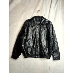 Leather Works Jacket Mens Large Black Lined Long Sleeve Collared Snap Inside Zip